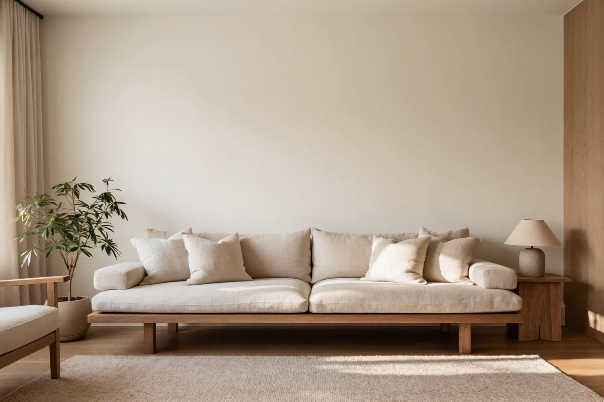 A modern living room with a linen sofa and a bare cream wall
