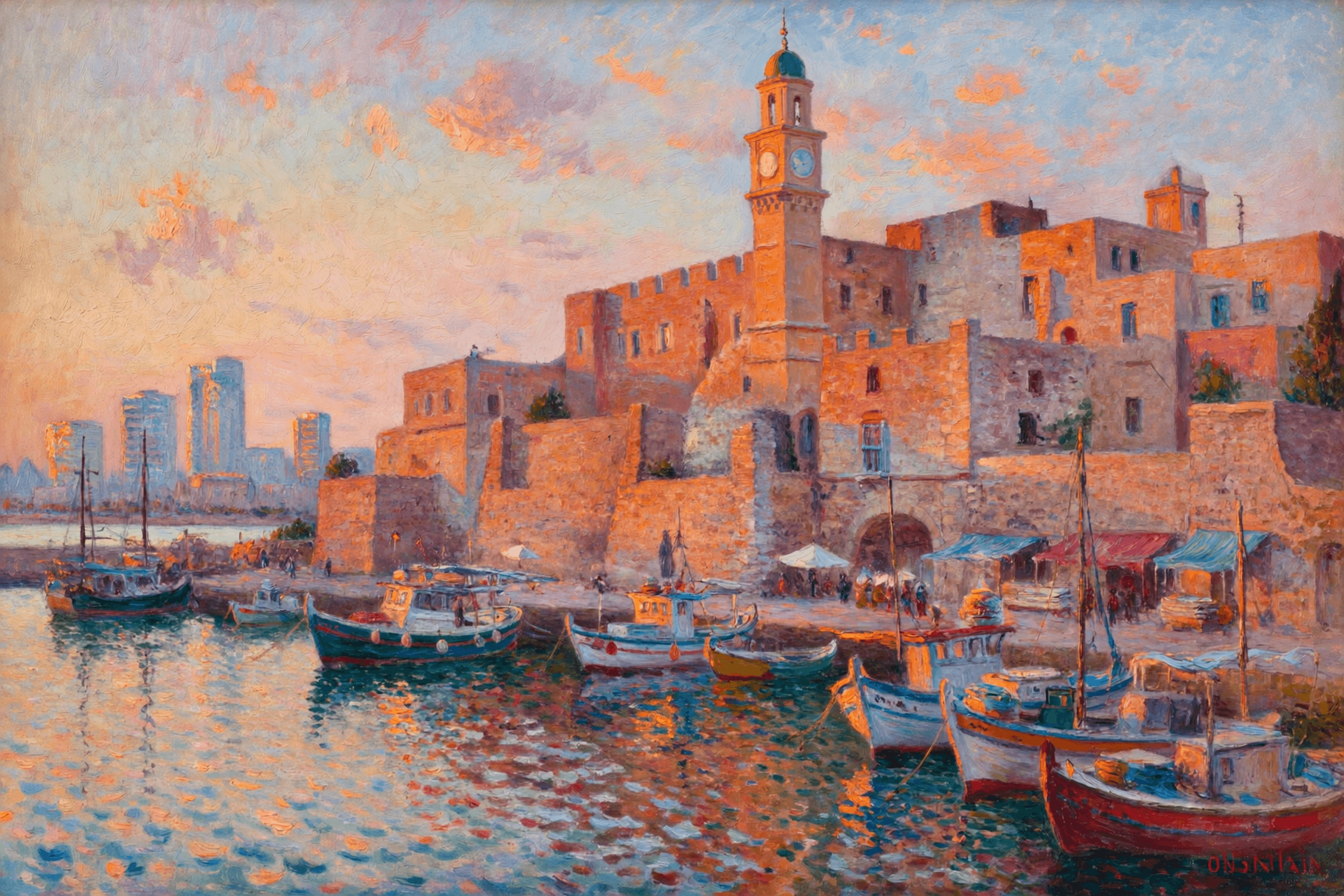 Jaffa at Golden Hour — israel landscape wall art print, original digital painting
