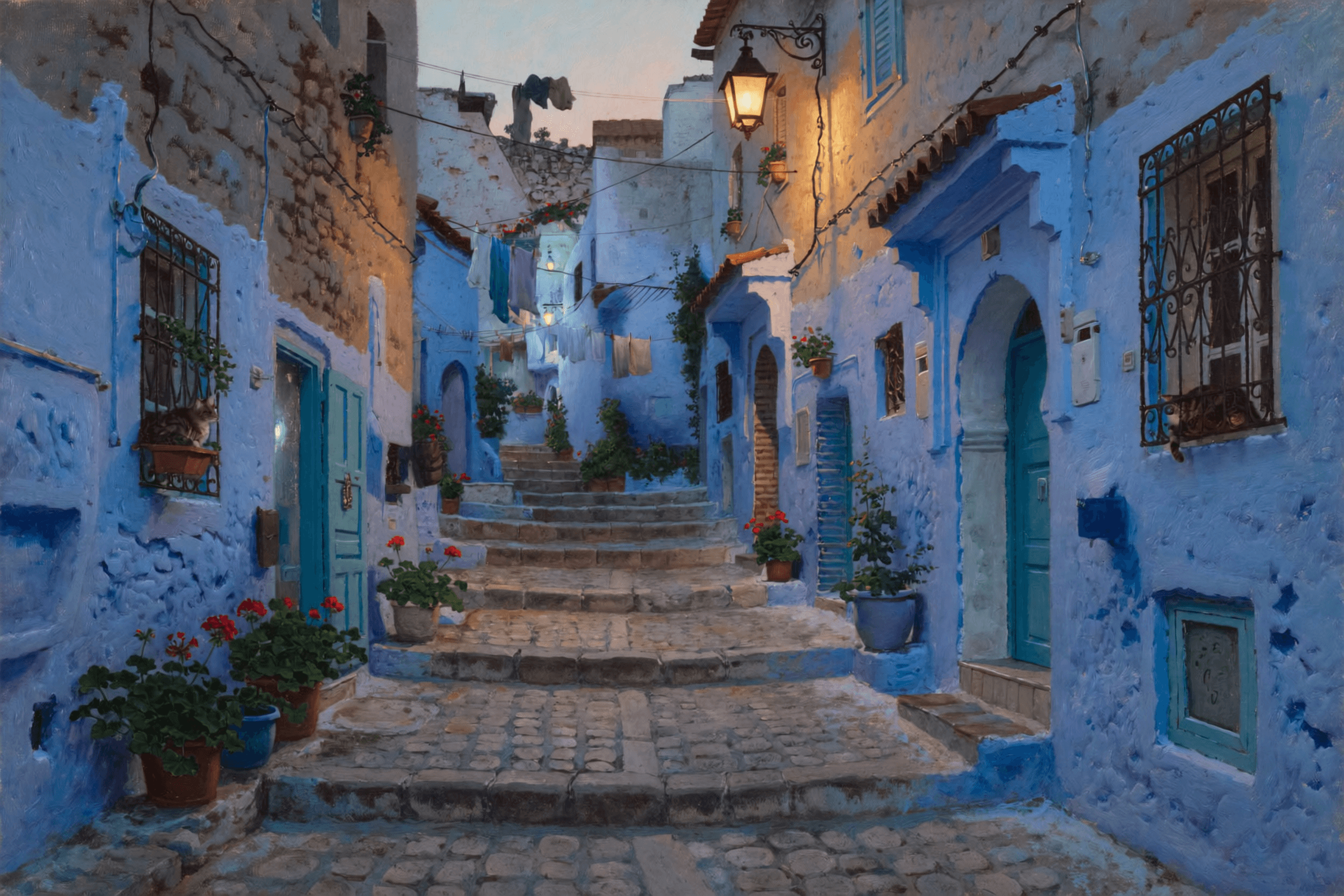 The Blue Alleys of Tzfat — Landscape art print of Israel, original digital painting