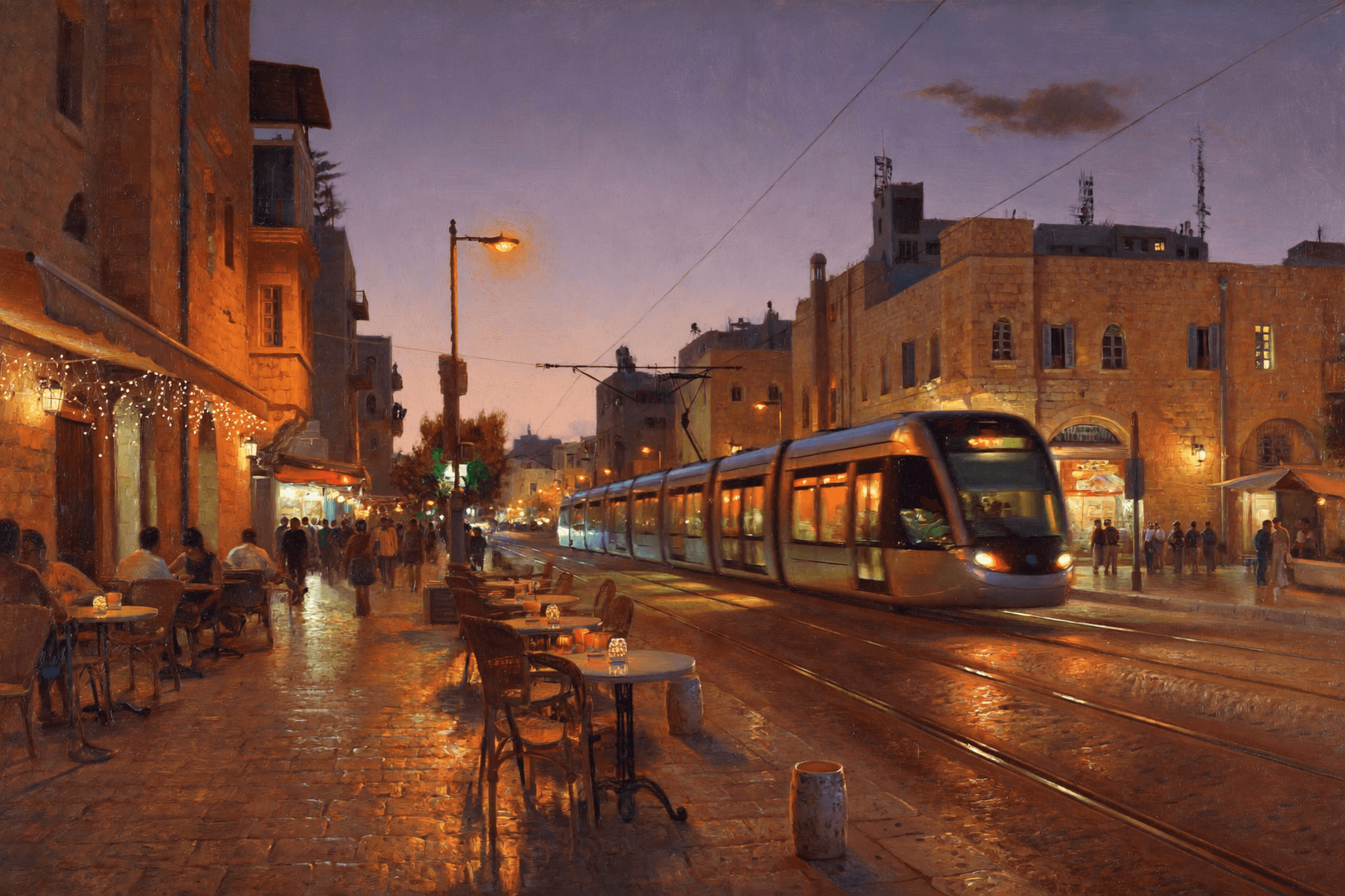 Jaffa Road at Dusk — Modern Jerusalem art print of Israel, original digital painting