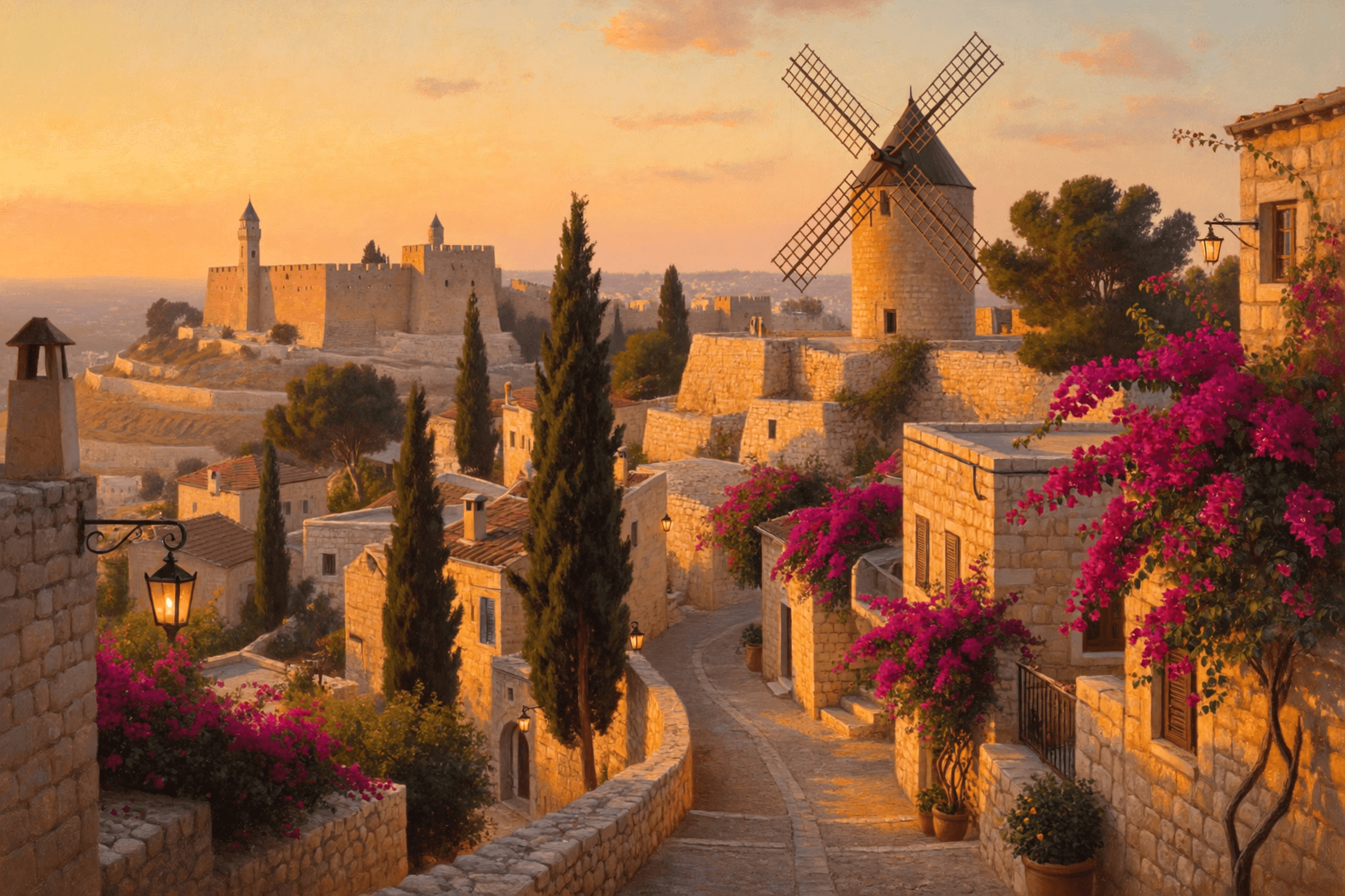 The Montefiore Windmill — Modern Jerusalem art print of Israel, original digital painting